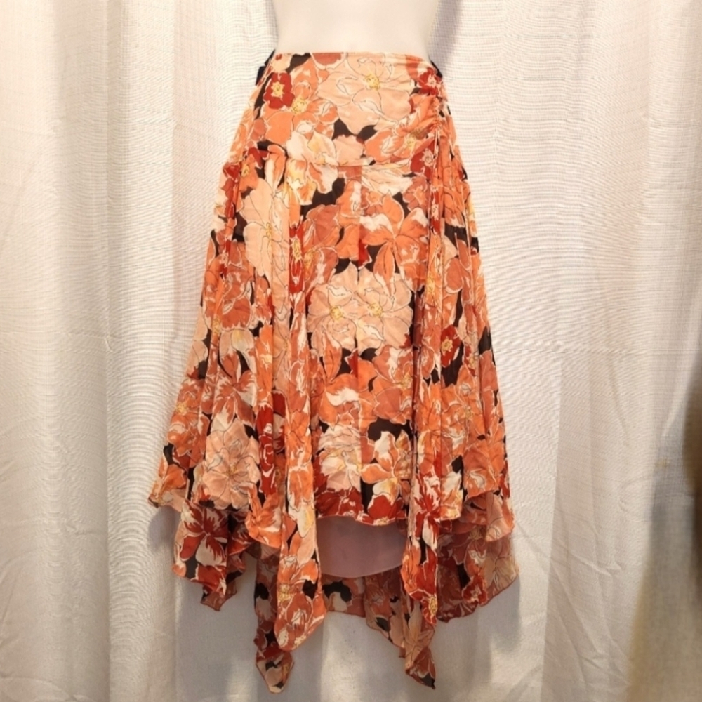 Nine West Sheer Lined Floral Handkerchief Hem Midi Skirt Size M